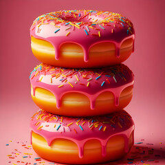 A vertical stack of three glazed donuts with a layer of shiny, pink icing and colorful sprinkles. The icing is slightly melting. Clean, pop-art style background, strong, vibrant colors, minimalist com