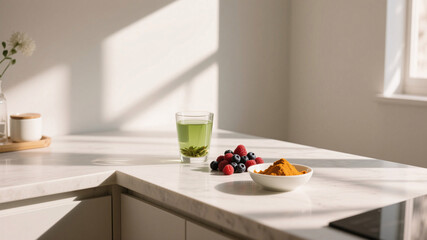 A minimal kitchen counter scene with a glass of green tea, fresh berries, and a small bowl of turmeric, bathed in soft sunbeams, visually promoting antioxidant-rich routines as preventive habits for c