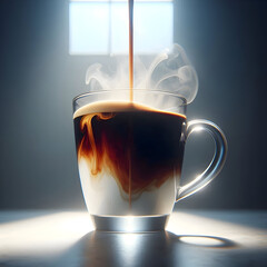  A shot of a clear glass mug filled with black coffee and a stream of hot, white milk being poured into it, creating a perfect brown-to-white gradient. Milk in motion, soft backlighting, minimalist ki