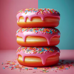 A vertical stack of three glazed donuts with a layer of shiny, pink icing and colorful sprinkles. The icing is slightly melting. Clean, pop-art style background, strong, vibrant colors, minimalist com