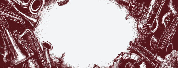 様々な管楽器が描かれた、音楽やジャズをテーマにしたベクターイラストの背景。