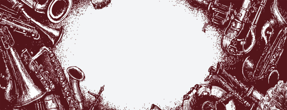 様々な管楽器が描かれた、音楽やジャズをテーマにしたベクターイラストの背景。