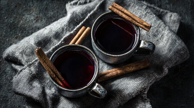 A two mugs of mulled wine on a linen napkin with cinnamon sticks crossed between them, moody overhead shot, soft vignette, festive simplicity