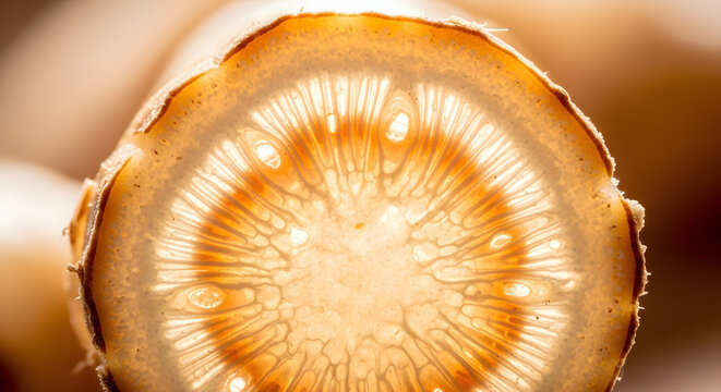 Glowing cross section of a horseradish root slice backlit by warm light. - Powered by Adobe