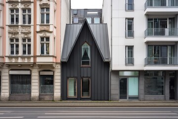 Fototapeta premium This distinctive modern house truly stands out from the surrounding traditional and contemporary buildings, adding a unique charm to the urban landscape