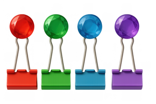 Four vibrant binder clips featuring faceted gem-like toppers. Essential office supplies for organizing documents, isolated on transparent background