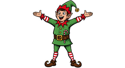 Cheerful Christmas elf with open arms ready for holiday season fun.