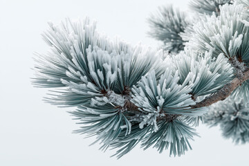 Frost-Covered Pine Branches with Intricate Ice Crystals Glimmering in the Winter Sunlight, Showcasing Nature's Beauty in a Serene Winter Landscape