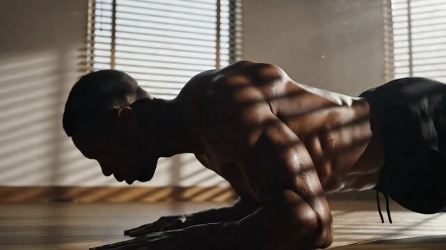 Man performs an intense workout indoors with dramatic shadows across his back, emphasizing strength, discipline, and physical endurance.

