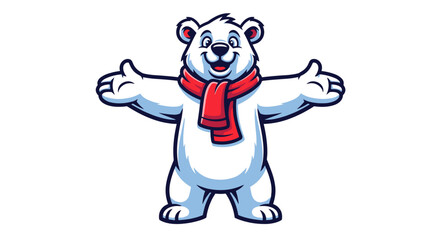 Friendly polar bear with open arms wearing a red scarf ready to hug.