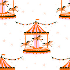Seamles pattern with carousel and horses. Amusement park concept. Vector