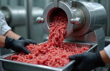 Two gloved hands hold a metal tray under an industrial grinder producing raw minced red meat. Workers prepare food ingredients in a factory.
