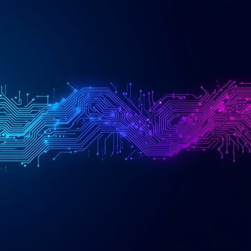 Abstract digital circuitry flowing with neon blue and purple light