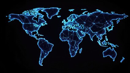 Digital world map with interconnected lines representing global network and communication.