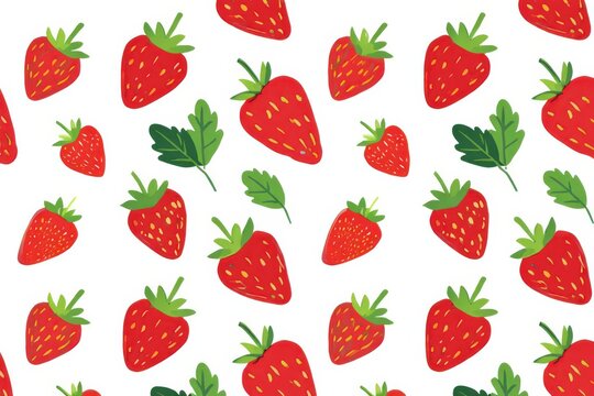 A vibrant, repeating pattern of illustrated red strawberries and green leaves on a white background.