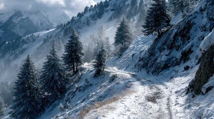 Snowy trail in Snowdonia National Park leads up a mountain covered in light snow and rocky terrain, shrouded in winter fog and distant hills visible