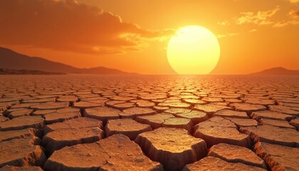 Barren cracked earth under bright sun at sunset. Dry desert landscape shows severe drought and global warming effects. Arid ground stretches to distant mountains. Hot climate.