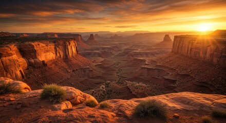 Dramatic sun flares illuminate vast canyon landscape at twilight