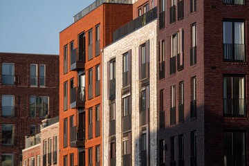 Fototapeta premium Contemporary architecture presents a vibrant array of residential buildings situated within an urban environment, all illuminated by the warm glow of late afternoon sunlight