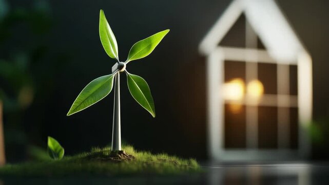 Eco-Friendly Home: A symbolic representation of sustainability, featuring a tiny house beside a wind turbine crafted from leaves, set against a blurred background.