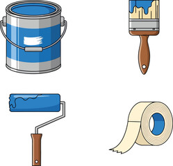 Painting Supply Icons Paint Can, Brush, Roller, Painter's Tape