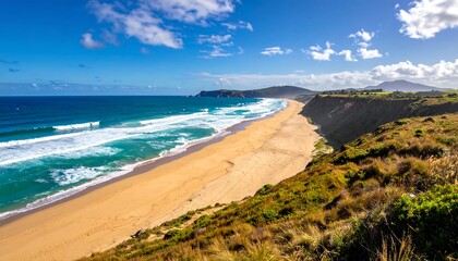 Scenic beach vista with waves crashing on shore