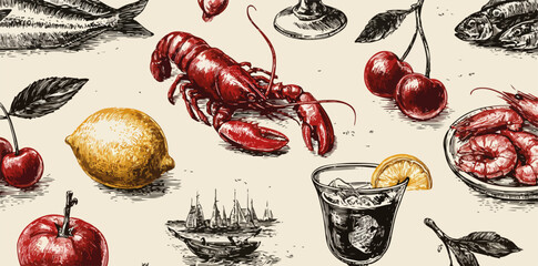 ロブスター、チェリー、レモン、カクテル、魚介類を組み合わせたビンテージ風のシームレスなベクターパターン背景デザイン