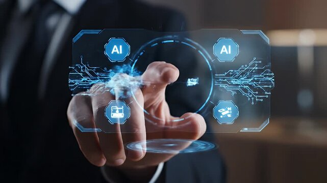 Man in Black Suit Interacting with Futuristic Holographic Interface Displaying Industry Concepts on Soft Focus Background for Adobe Stock Photo