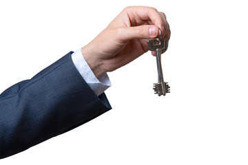 Hand holds out a key against a transparent background for symbolizing access and opportunity