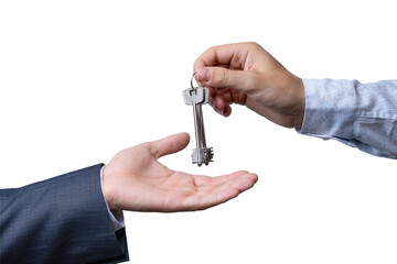 Hand offers a key to another hand in a simple, clear gesture on a transparent background