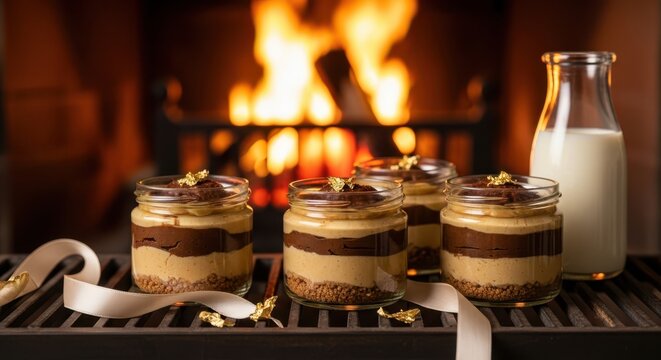 Peanut butter cheesecake decadent chocolate and caramel desserts in jars served by a cozy fireplace with a bottle of milk, evoking warmth and indulgence during a cold evening