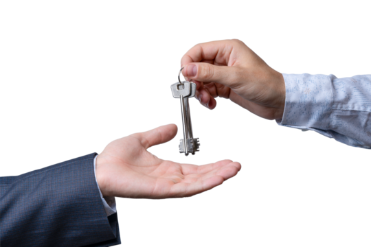 Hand offers a key to another hand in a simple, clear gesture on a transparent background