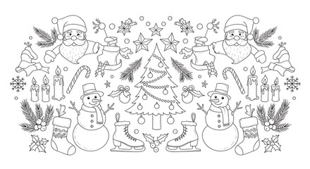 Seamless black and white Christmas doodle pattern background.