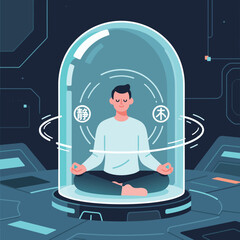 Technological Tranquility Man Meditating in a SciFi Chamber