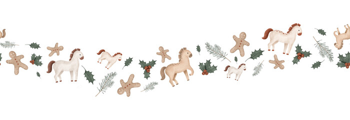 Horizon seamless border with hand drawn watercolor illustration of horses and gingerbread man with green branch of fir tree and holly with red berry. For New year or Christmas design in muted tones