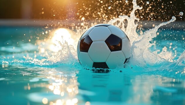 Soccer ball splashes in clear blue water. The sport ball creates motion. Water drops in the sunlight. Summer fun with sport game. Relax activity in pool on vacation. Dynamic action.