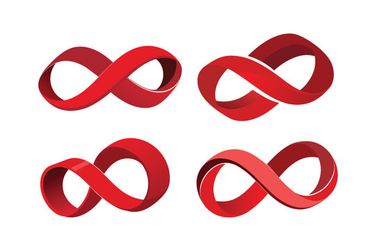  Abstract flowing ribbon shape folded into a Mobius strip, solid bright red color,