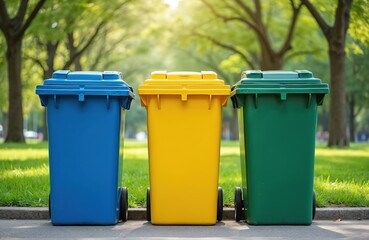 Three colored recycling bins stand in public park. Blue yellow, green containers represent waste sorting system. Sustainable management concept promotes ecological awareness. Bright hues highlight