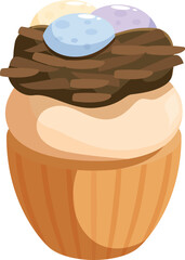 Delicious cupcake decorated with a realistic bird nest and colorful chocolate eggs on top, perfect for easter celebrations