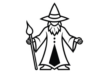 Outlined wizard holds staff and extending hand wearing cloak and hat in monochrome