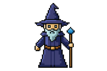 Pixel art depicts a wizard holding a blue orb staff in a blue robe