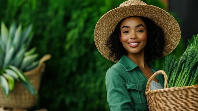Smiling Harvest: A radiant woman, wearing a stylish straw hat, beams with joy as she carries a basket overflowing with fresh produce.