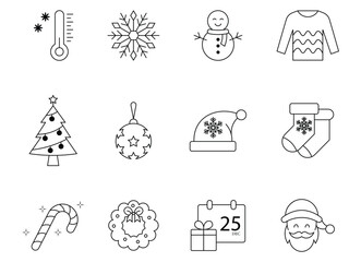 Collection of  winter line icon. Containing as snowflake, cold, ski, icicle, snowman, Christmas, Santa Claus, sweater, snowboard and more. Perfect for seasonal. Vector illustration.