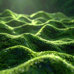 Green, undulating terrain, softly lit