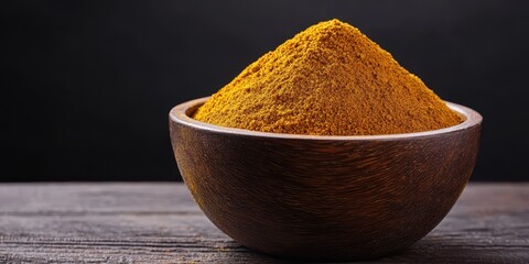 A dark wooden bowl filled with vibrant yellow turmeric powder sits on a textured wooden surface