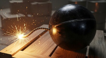 A round black bomb with a lit fuse sitting on a wooden surface with sparks flying
