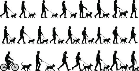 People walking dogs silhouette set, diverse men and women with pets on leash, outdoor exercise activity illustration, dog owner lifestyle