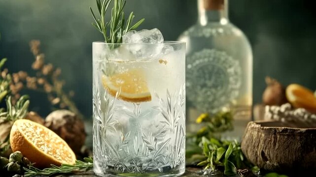 Artisan gin cocktail with lemon and rosemary, garnished with botanicals and served in a patterned glass