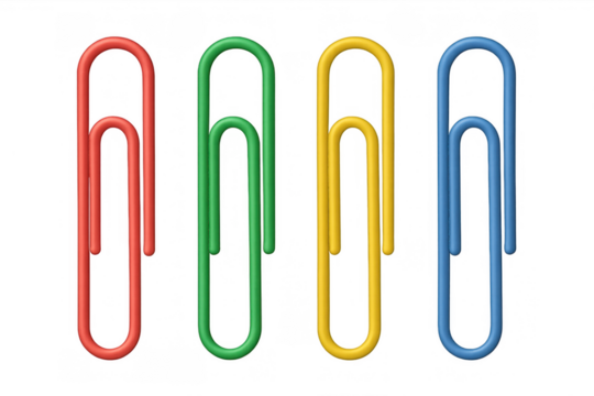 Paper clips in red, green, yellow, and blue colors, representing office supplies, creativity, and efficient document management