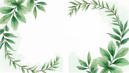 Green watercolor leaves frame empty white space. Nature botanical branches form corner borders. Design for invitation card background or natural decor.